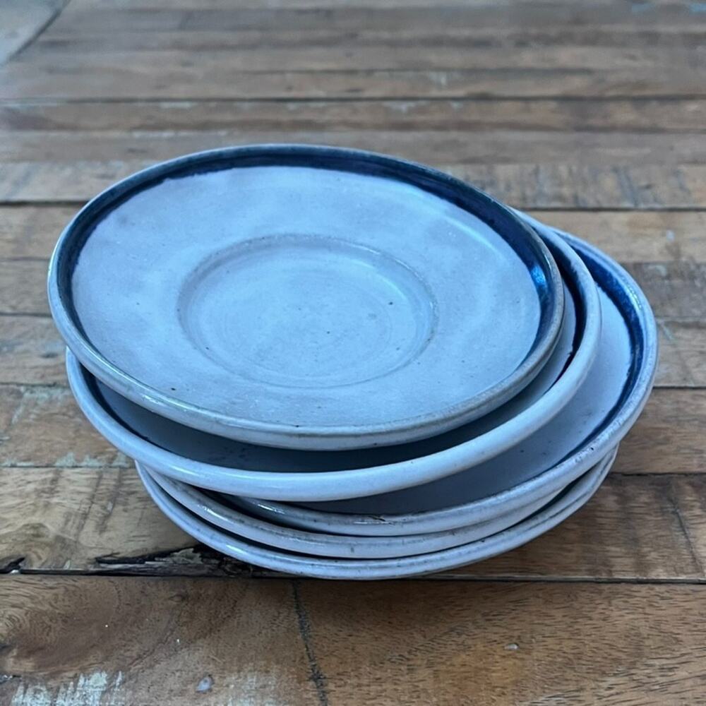 Art Studio Pottery stoneware Saucers 5.5" Set of 5 Light Gray Base Blue Band Rim